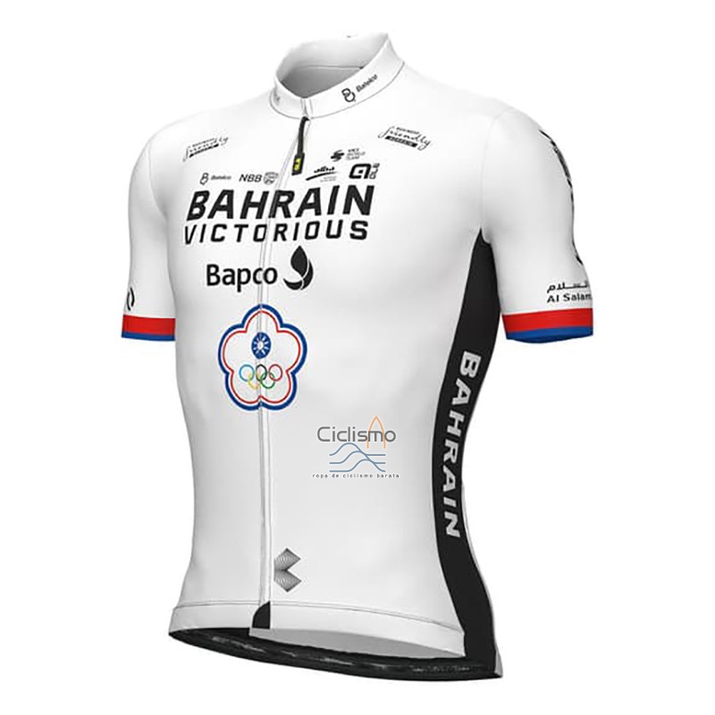 Bahrain Victorious Ropa Ciclismo Culotte Corto 2023 Hombre Mangas Cortas Blanco